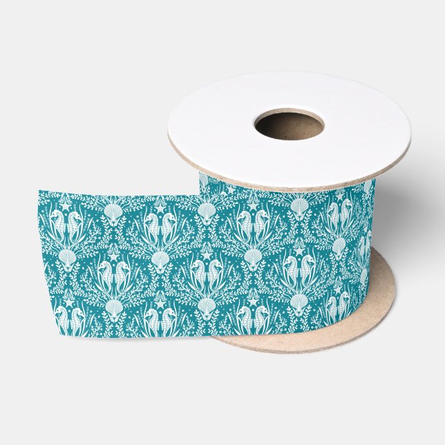 Seahorses Teal Blue White Ocean Sea Life Damask Satin Ribbon (Spool)