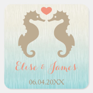 Seahorses With A Heart And Custom Names Wedding Square Sticker