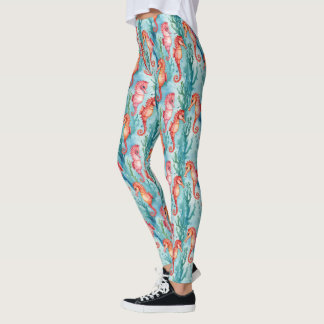 Seahorses With Bubbles and Seaweed Plant Life Leggings
