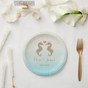 Seahorses With Custom Names And Date Wedding Paper Plate