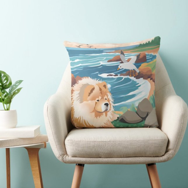SEAKISSED chow dog ocean  Throw Pillow (Creator Uploaded)