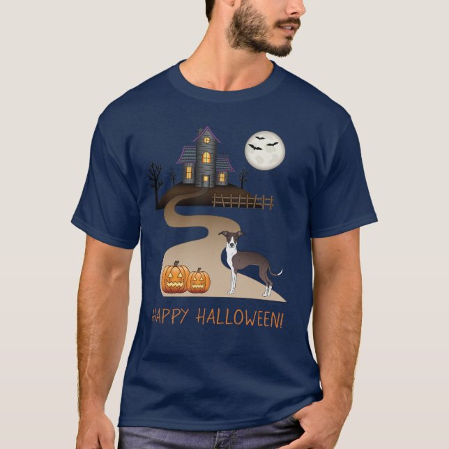 Seal And White Iggy And Halloween Haunted House T-Shirt (Front)