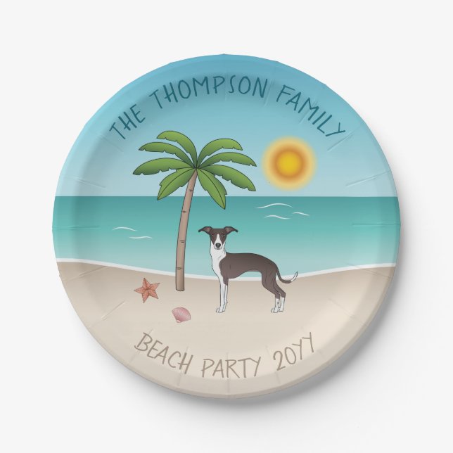 Seal And White Iggy Dog At Tropical Summer Beach Paper Plate (Front)