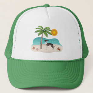 Seal And White Iggy Dog At Tropical Summer Beach Trucker Hat