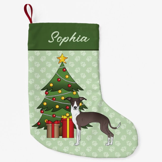 Seal And White Italian Greyhound & Christmas Tree Small Christmas Stocking (Front)