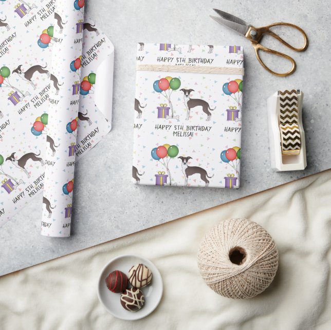 Seal And White Italian Greyhound - Happy Birthday Wrapping Paper (Crafts)