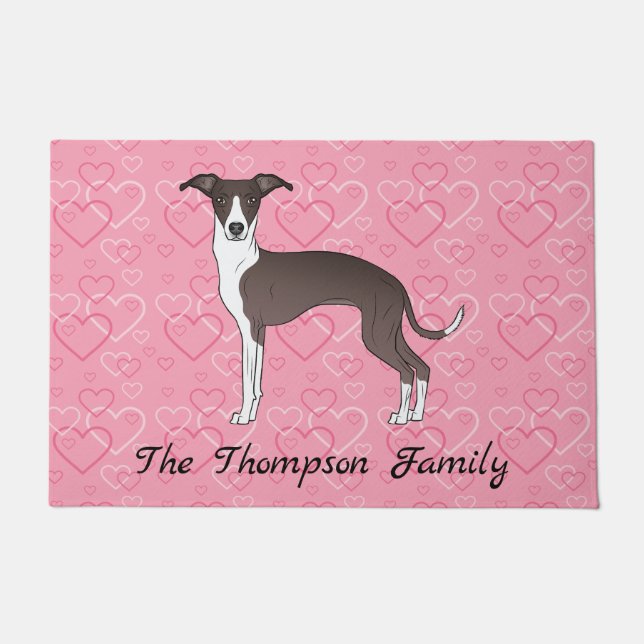 Seal And White Italian Greyhound On Pink Hearts Doormat (Front)
