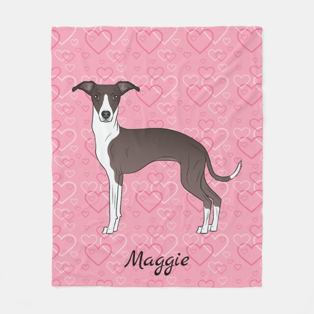 Seal And White Italian Greyhound On Pink Hearts Fleece Blanket (Front)