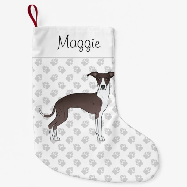 Seal And White Italian Greyhound With Custom Name Small Christmas Stocking (Front)
