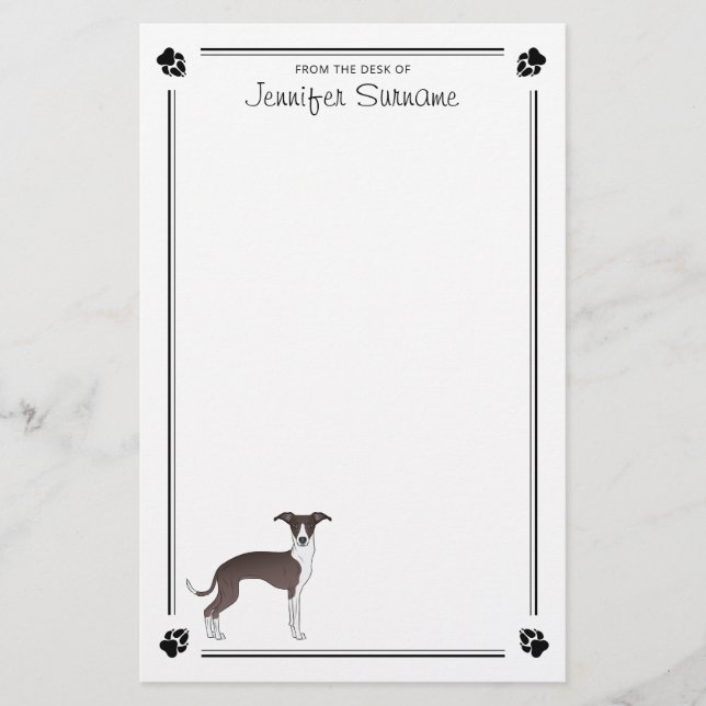 Seal And White Italian Greyhound With Paws & Text Stationery (Front)