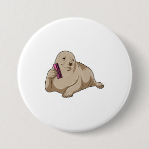 Seal as Hairdresser with Comb 3 Inch Round Button