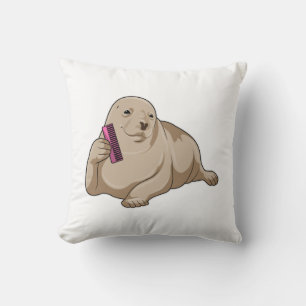 Seal as Hairdresser with Comb Throw Pillow