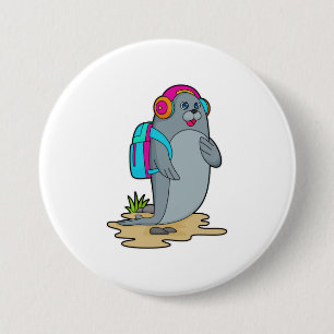 Seal as Hiker with Backpack 3 Inch Round Button