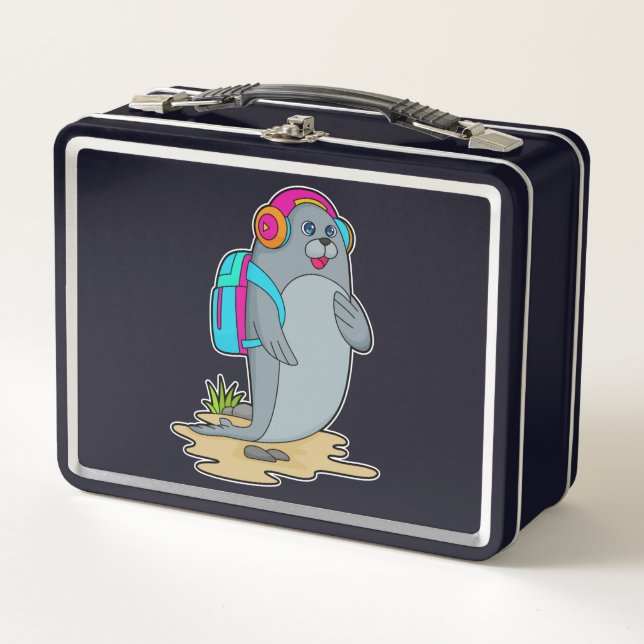 Seal as Hiker with Backpack Metal Lunch Box (Front)