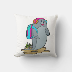 Seal as Hiker with Backpack Throw Pillow