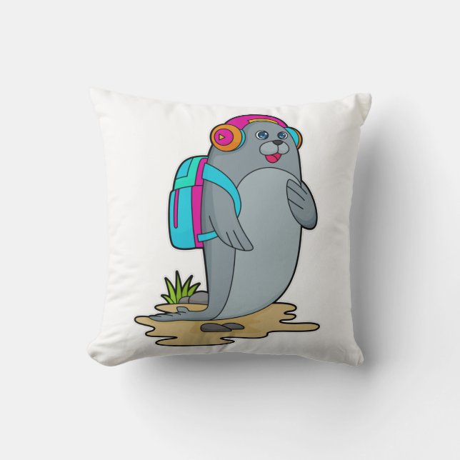 Seal as Hiker with Backpack Throw Pillow (Front)