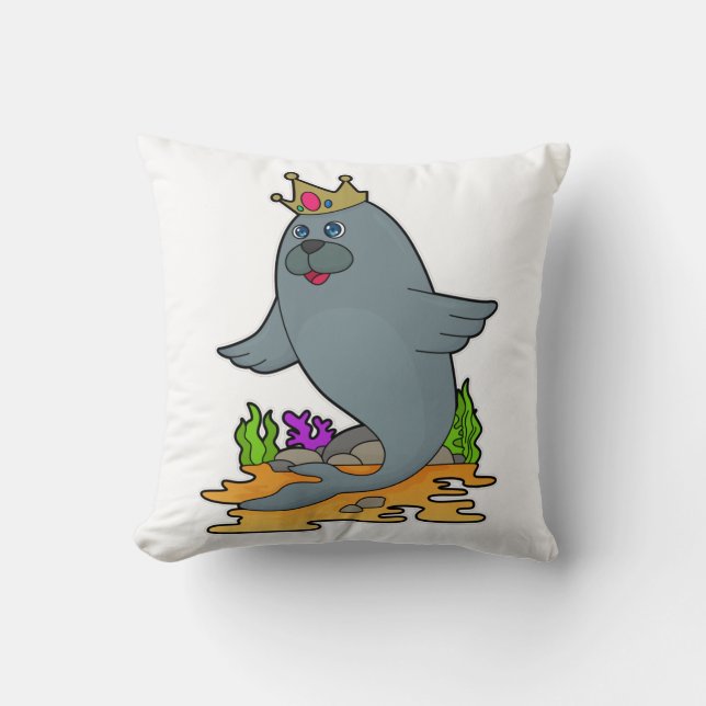 Seal as King with Crown Throw Pillow (Front)