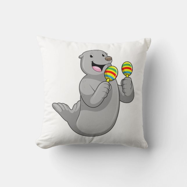 Seal as Musician with Maracas Throw Pillow (Front)