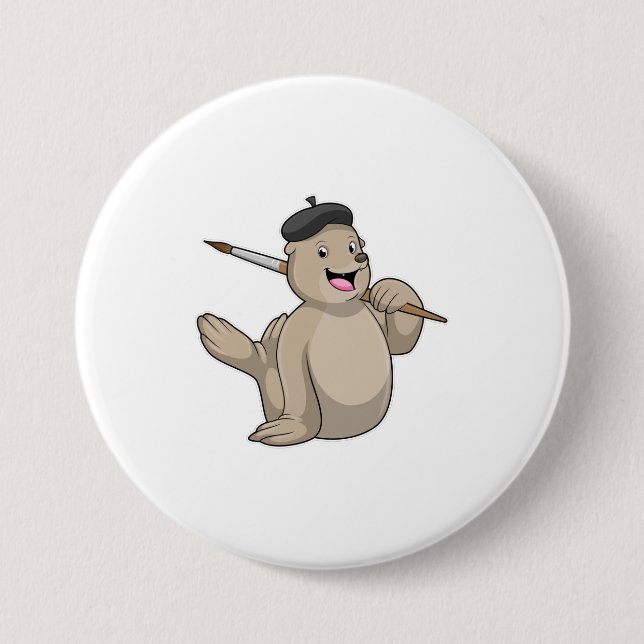 Seal as Painter with Paint brush 3 Inch Round Button (Front)