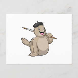 Seal as Painter with Paint brush Postcard