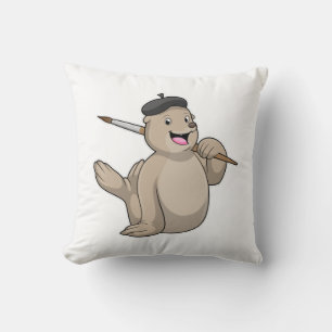 Seal as Painter with Paint brush Throw Pillow