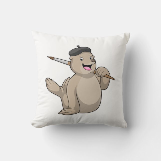Seal as Painter with Paint brush Throw Pillow (Front)