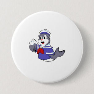 Seal as Sailor with Boat 3 Inch Round Button