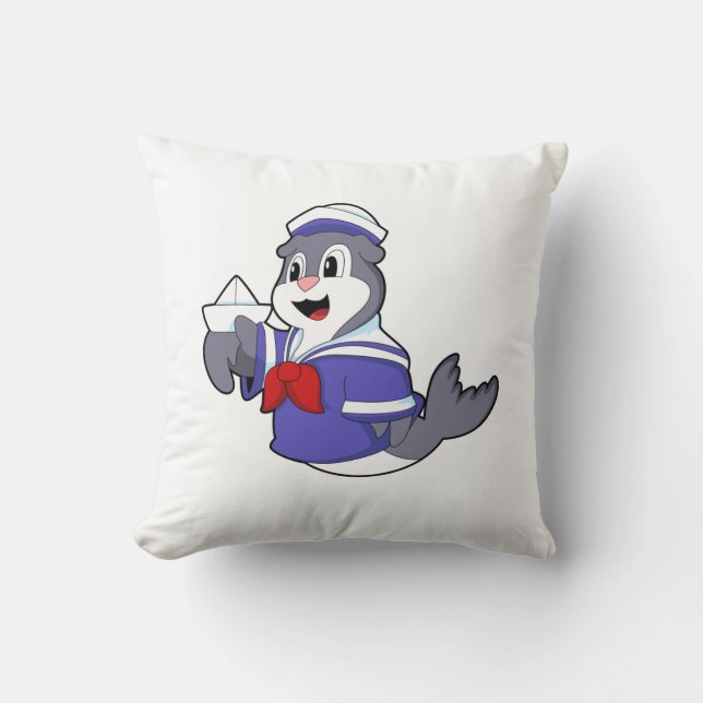 Seal as Sailor with Boat Throw Pillow (Front)