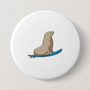 Seal as Surfer with Surfboard 3 Inch Round Button