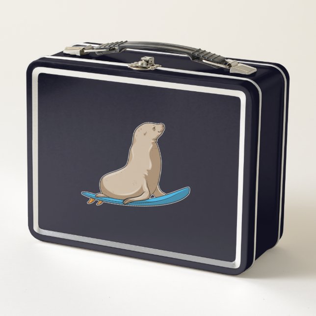 Seal as Surfer with Surfboard Metal Lunch Box (Front)
