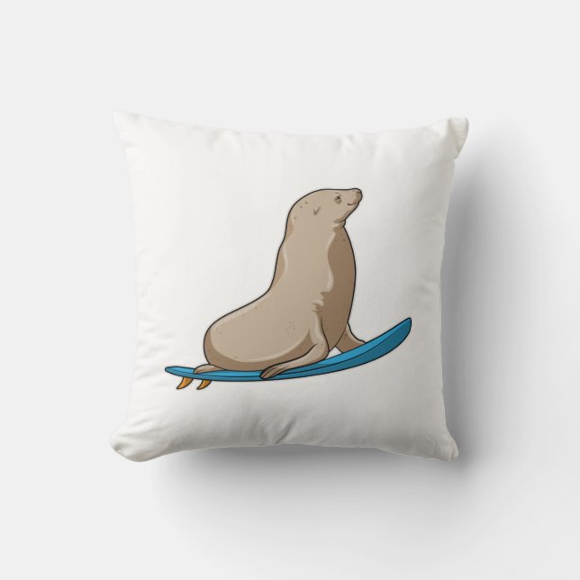 Seal as Surfer with Surfboard Throw Pillow (Front)