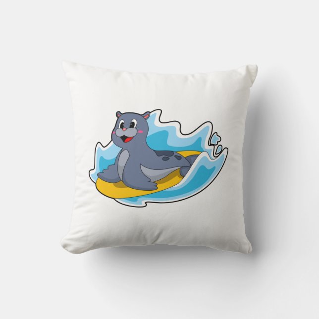 Seal as Surfer with Surfboard Throw Pillow (Front)