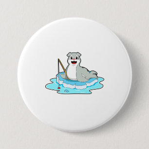 Seal at Fishing with Fishing rod 3 Inch Round Button