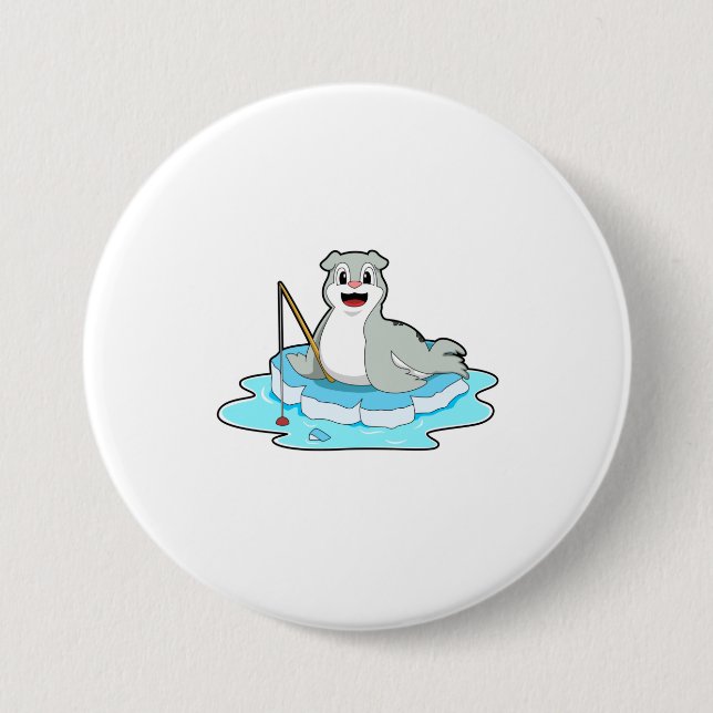 Seal at Fishing with Fishing rod 3 Inch Round Button (Front)