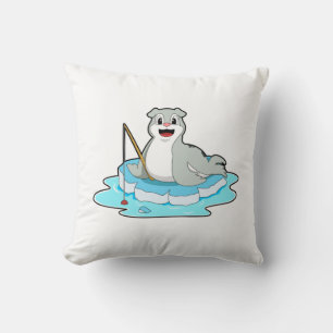 Seal at Fishing with Fishing rod Throw Pillow
