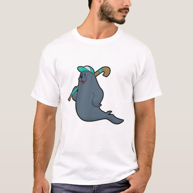 Seal at Hockey with Hockey stick T-Shirt (Front)