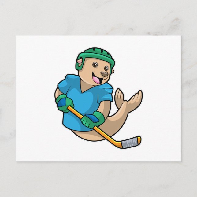 Seal at Ice hockey with Ice hockey stick Postcard (Front)