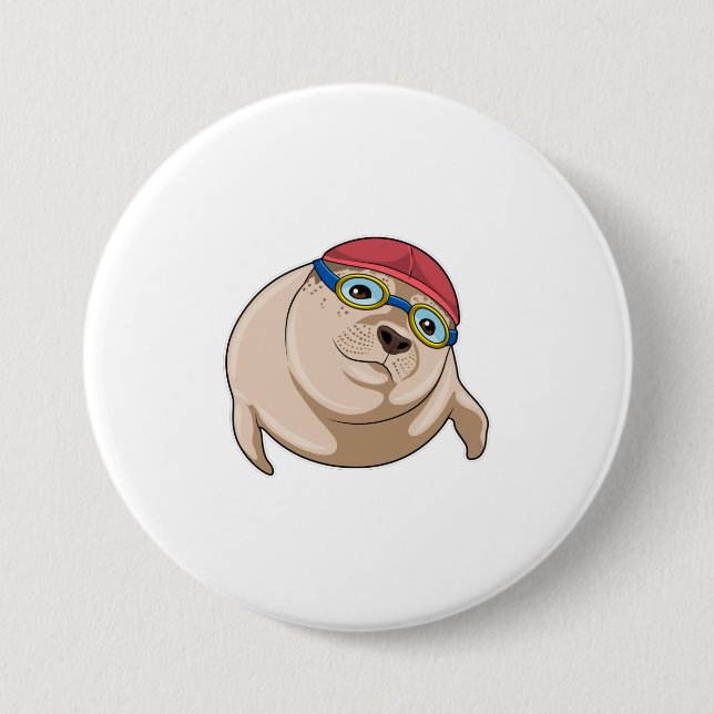 Seal at Swimming with Swimming goggles 3 Inch Round Button (Front)