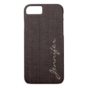 Seal brown Burlap Rustic Linen Monogram Case-Mate iPhone Case