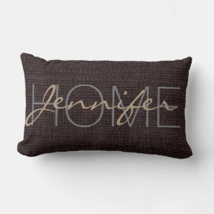 Seal brown Burlap Rustic Monogram Lumbar Pillow