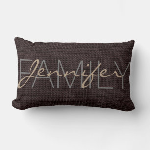 Seal brown Rustic Burlap Monogram Lumbar Pillow