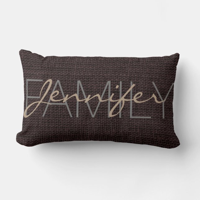 Seal brown Rustic Burlap Monogram Lumbar Pillow (Front)