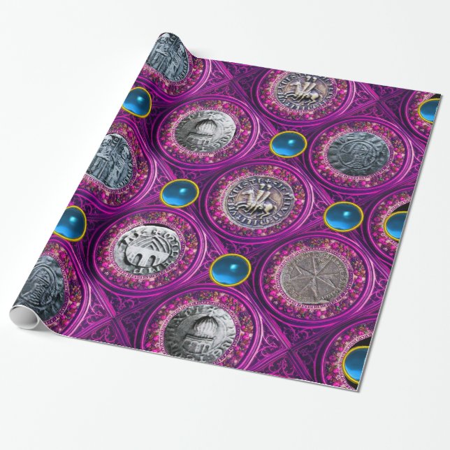 SEAL OF THE KNIGHTS TEMPLAR Purple Blue Gems Wrapping Paper (Unrolled)