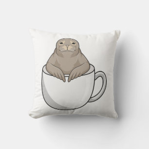 Seal with Coffee cup Throw Pillow