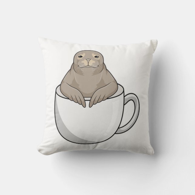 Seal with Coffee cup Throw Pillow (Front)
