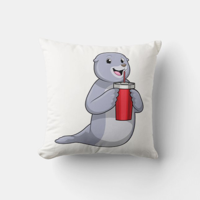 Seal with Drinking cup Throw Pillow (Front)