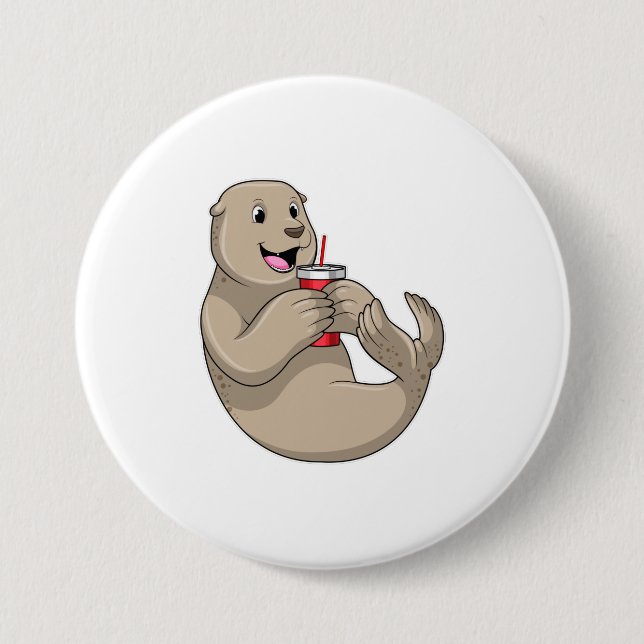 Seal with Mug with Straw 3 Inch Round Button (Front)