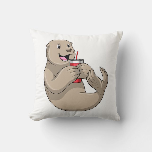 Seal with Mug with Straw Throw Pillow (Front)