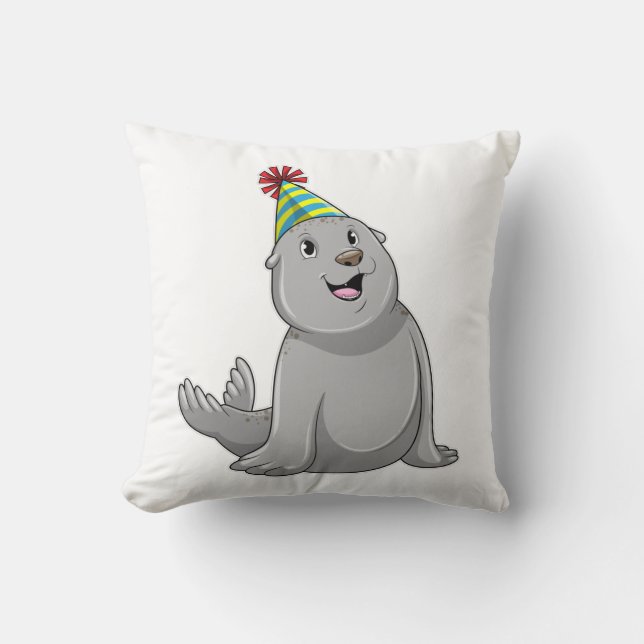 Seal with Party hat Party Throw Pillow (Front)
