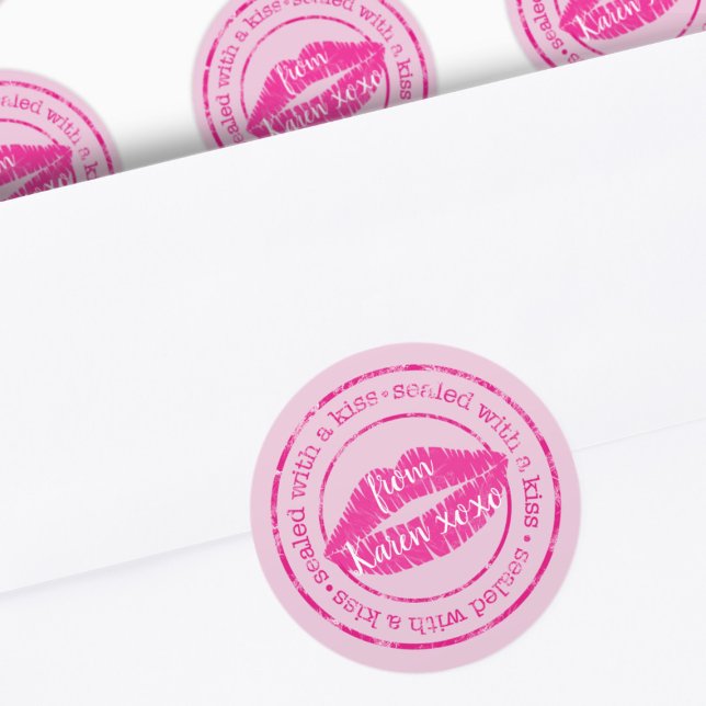 Sealed with a Kiss Pink Lips Custom Round Sticker (Just add your name to these cute sealed with a kiss stickers)